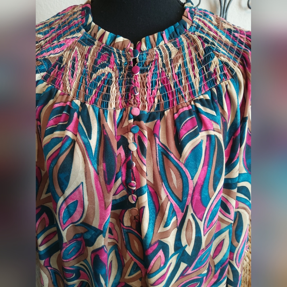 Investments Multicolor Leaf-Print Smocked-Neck Blouse - Picture 9 of 11